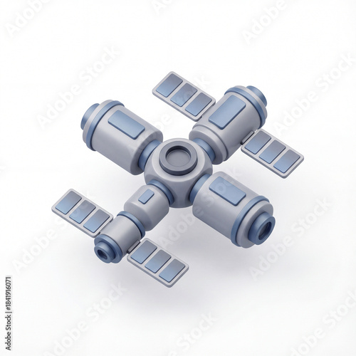 Fototapeta Naklejka Na Ścianę i Meble -  Orbital space station 3d icon illustration isolated on white background. Futuristic modular laboratory structure for long duration human research concept