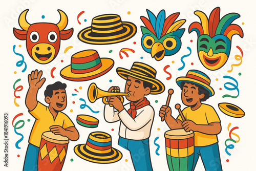 Colorful cartoon illustration of Colombian cultural celebration with musicians and festive decorations