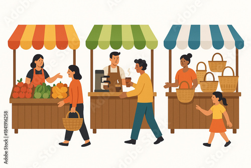 Realistic cartoon illustration of outdoor market with vendors selling produce, coffee, and baskets