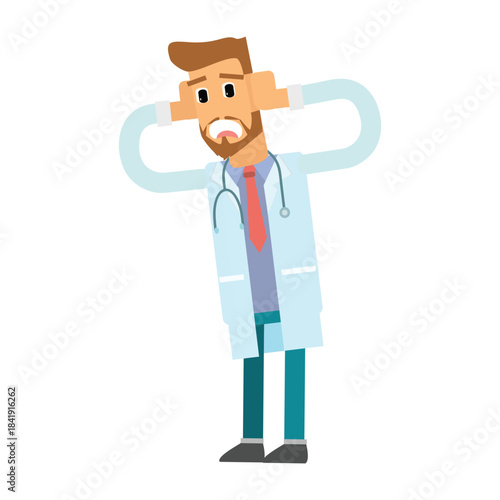 Stressed male doctor holding head in pain or confusion, medical burnout concept, flat vector illustration