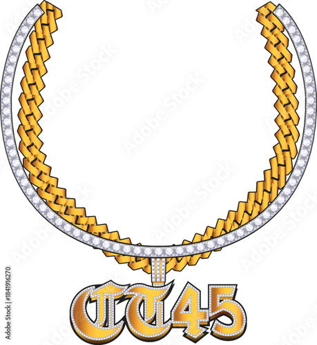 Iced Out Hip Hop Chain Vector with CT45 Pendant – Gold and Diamond Jewelry Illustration