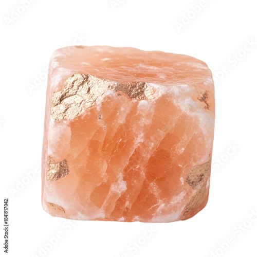 Close-up of a textured pink salt crystal with metallic gold flecks, showcasing its natural rough surface and unique mineral composition
