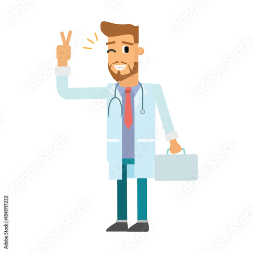 Happy doctor with a beard giving a peace sign gesture