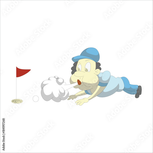 Funny golfer blowing the ball into the hole to cheat