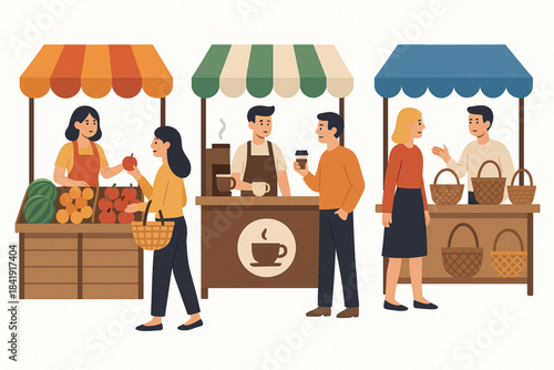 Realistic cartoon illustration of outdoor market with vendors selling produce, coffee, and baskets