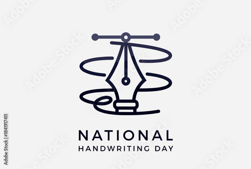 A minimalist line art illustration for National Handwriting Day, featuring an ink pen nib, a design tool icon, and swirling lines.