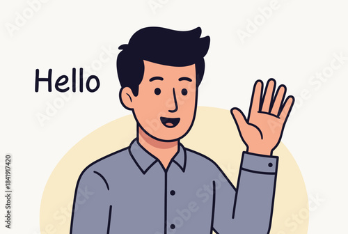 A friendly cartoon man with dark hair waves his hand and says "Hello" with a welcoming smile.
