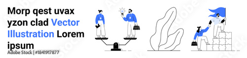 Teamwork, leadership, innovation, equity, business growth, personal development. Businesspeople balancing on scales, holding lightbulbs and assisting others. Teamwork and leadership in professional
