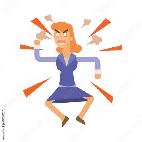 Furious businesswoman shouting and stomping with steam coming out, stress concept