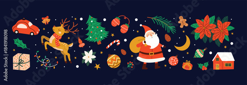 Christmas seamless banner with Santa, reindeer, decorations, tree, poinsettia and winter holiday elements on dark background. Festive seasonal illustration in hand drawn style.