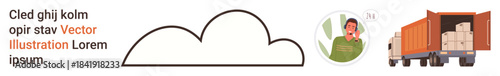 Logistics, cloud services, customer support, shipping, online tracking, e-commerce. A truck carrying packages, a cloud icon and a customer service ative. Logistics and cloud services concept