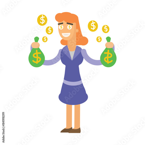 Happy businesswoman holding money bags with falling gold coins, wealth concept
