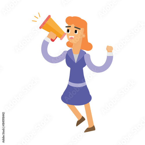 Businesswoman shouting into a megaphone, making an announcement or promotion