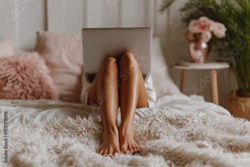 Woman Sitting on Bed with Laptop in Cozy Bedroom Setting