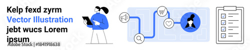 Business workflow, user connections, data management, teamwork, process flow, digital profiles. Illustration showing characters, connectivity icons profile and checklist. Business workflow and user