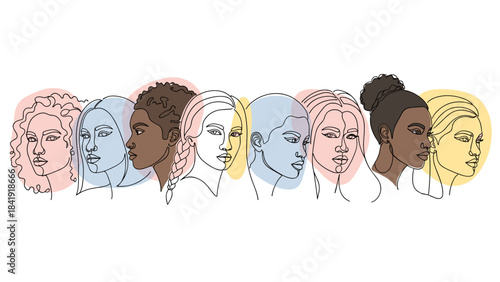 Multicultural Female Faces Continuous Line Drawing, showcasing Diverse Ethnicity Portraits and Minimalist Beauty Illustration for Inclusive Representation, Racial Diversity Awareness,