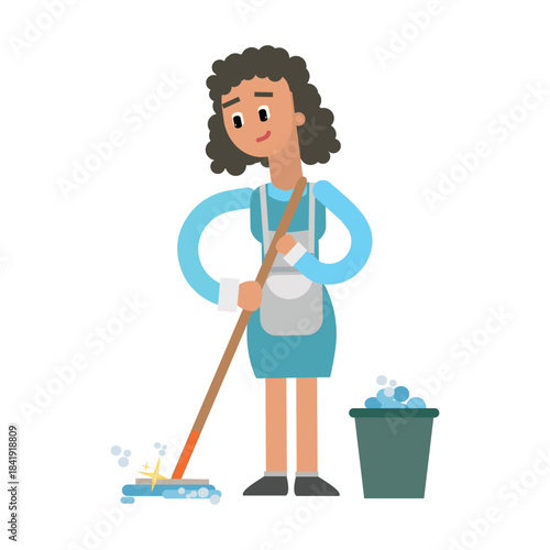 Diligent cleaning lady mopping the floor with a bucket, housekeeping concept