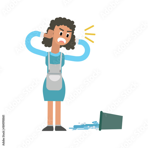 Shocked cleaning lady reacting to a spilled bucket of water, accident concept