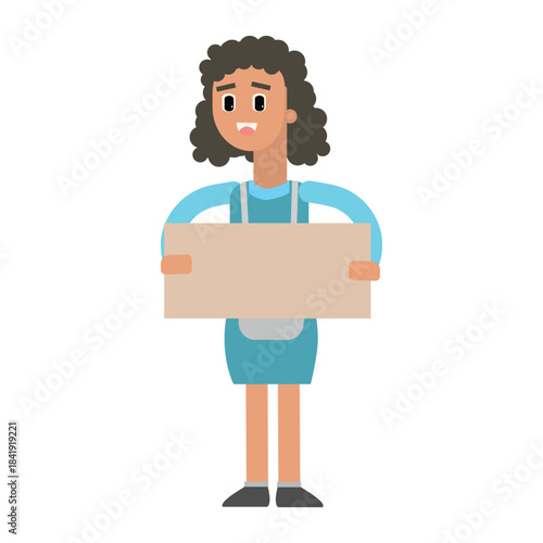 Cleaning lady holding a blank empty sign board for text or logo