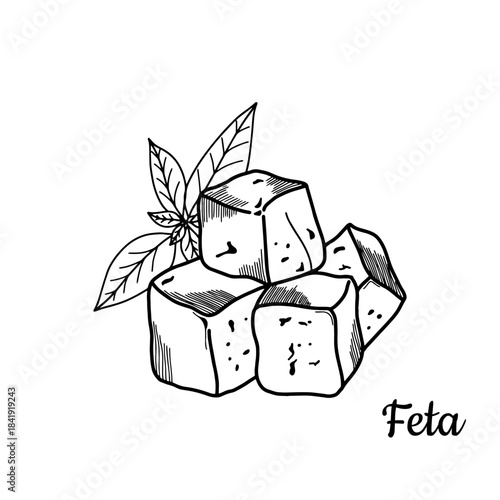 Pieces of Greek feta cheese with basil. Hand drawn illustration for a label, icon, packaging, or poster. Engraving style design. Vector illustration