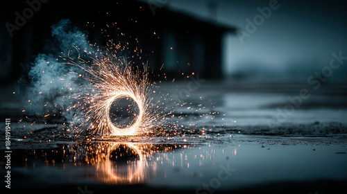sparks flying from a burning object creating a circular pattern on wet surface.