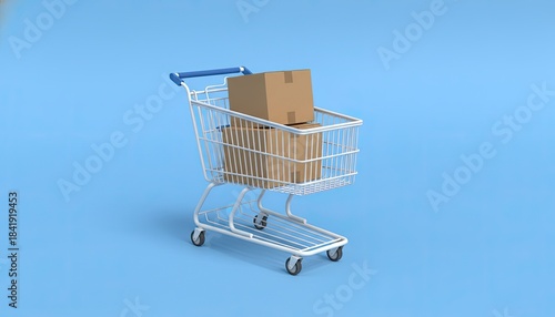 Shopping Cart's Freight: A shopping cart with two cardboard boxes, standing on a light blue background, suggesting the purchase and delivery of items.