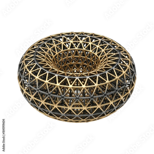 Abstract 3D Geometric Torus A Modern Architectural Element with Golden and Silver Detailing