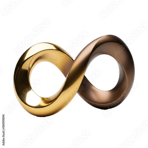 Abstract infinity symbol sculpture in polished gold and bronze finishes on a white background