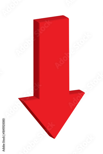 Red 3D arrow pointing down on white background. Bankruptcy or financial market crash icon for your website, logo, app, or UI design. Downward graph chart symbol. Chart going down sign. EPS 10.