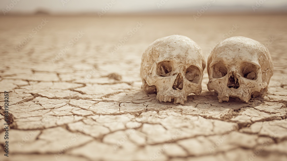Naklejka premium Skulls Resting on Deeply Cracked Earth Revealing the Harsh Reality of Environmental Decay