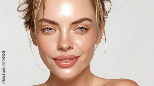 Beautiful radiant woman over 30 in soft pastel blush pink, elegant portrait with free copy space.