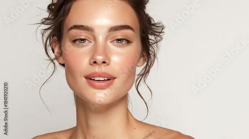 Beautiful radiant woman over 30 in soft pastel blush pink, elegant portrait with free copy space.