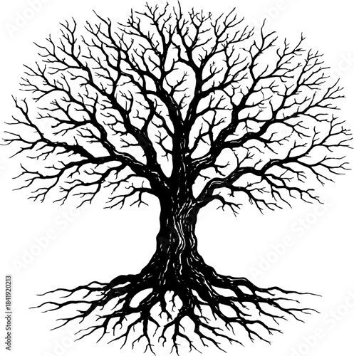 Detailed black and white drawing of a large mature oak tree with extensive exposed roots and bare winter branches