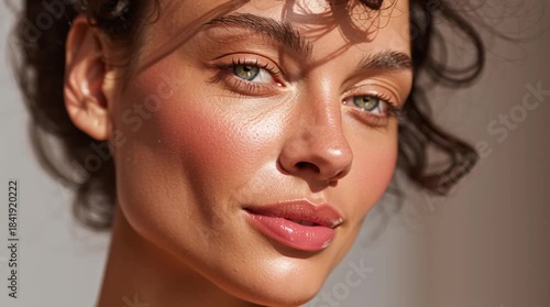 Beautiful radiant woman over 30 in soft pastel blush pink, elegant portrait with free copy space.