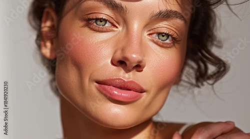 Beautiful radiant woman over 30 in soft pastel blush pink, elegant portrait with free copy space.