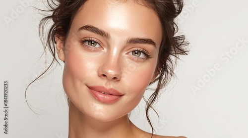 Beautiful radiant woman over 30 in soft pastel blush pink, elegant portrait with free copy space.