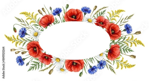Bright watercolor oval frame featuring red poppies, blue cornflowers, white daisies, and golden foliage arranged in a balanced floral border, perfect for invitations, labels, and seasonal designs.