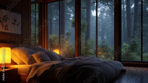 Cozy Bedroom with Forest View During a Gentle Rainstorm: Tranquil Ambience