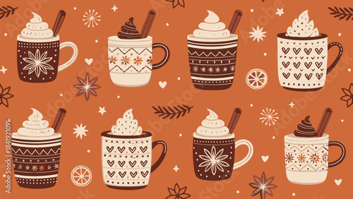 A seamless pattern showcasing a collection of warm beverages in decorative mugs adorned with whipped cream cinnamon sticks and festive autumn motifs high-quality professional detailed
