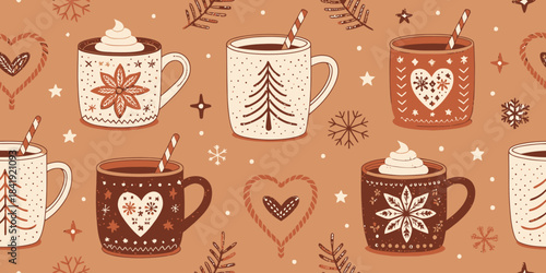 Cozy winter holiday seamless pattern featuring hot chocolate mugs decorated with festive Christmas and heart motifs