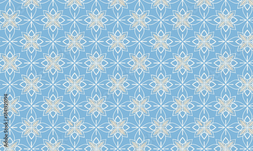 Seamless geometric floral pattern, Light blue background with elegant white and beige ornamental tile motif