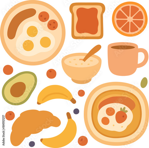 A delightful breakfast spread featuring eggs toast fruit oatmeal and pastries all aesthetically arranged high-quality professional