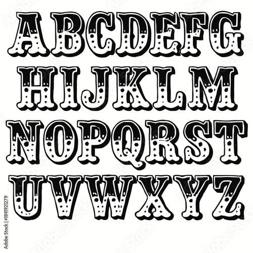 Complete uppercase decorative alphabet set featuring a bold, vintage typography style, perfect for creating eye-catching headlines, unique branding, and artistic graphic design projects