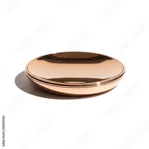 Shiny copper circular dish with a reflective surface, perfect for decorative or functional use in home decor