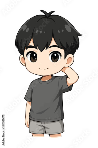 Cute Anime Boy with Dark Hair Standing with Hand Behind Neck, Vector Illustration