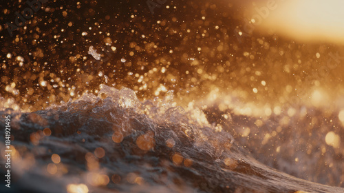 Fototapeta Naklejka Na Ścianę i Meble -  Golden sunlight sparkles on ocean wave splash, creating warm and dynamic seascape full of energy and motion