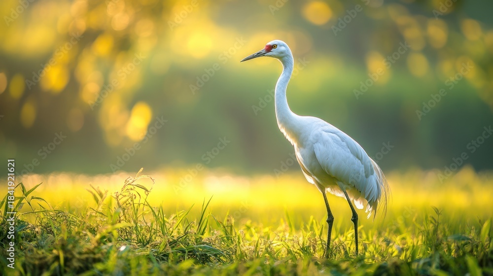 Fototapeta premium A beautiful white crane stands gracefully in a lush green field, illuminated by the warm glow of the sun, creating a serene and picturesque scene of nature's tranquility