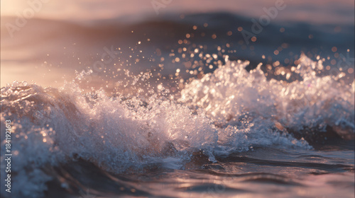 Fototapeta Naklejka Na Ścianę i Meble -  Soft ocean wave splashing with sparkling water droplets in warm sunset light, creating peaceful and calming coastal scene