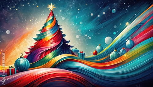 Choinka na Boże Narodzenie z bombkami i gwiazdą betlejemską na czubku. Żywe kolory ilustracji prezentującej kształt choinki bożonarodzeniowej.