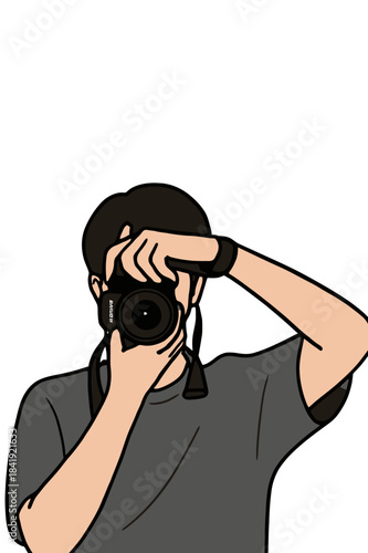 Person holding a digital camera and taking a photo, creative hobby and profession illustration